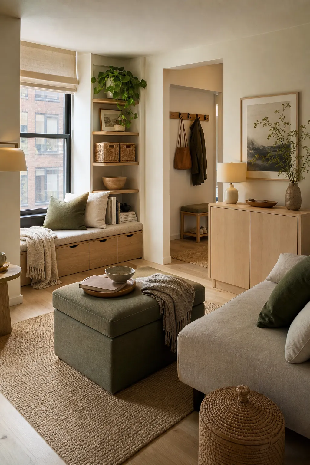 Small apartment with hidden storage furniture that looks like natural home decor