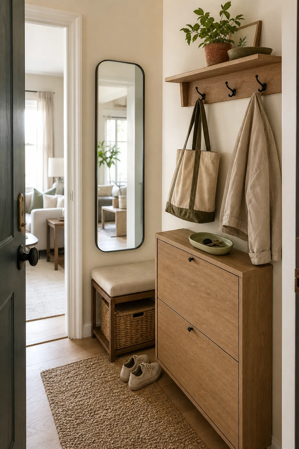 Small entryway with decorative hidden storage cabinet, baskets, and styled hooks