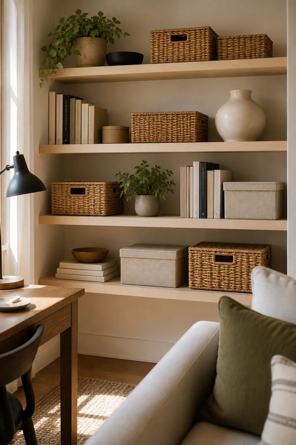 Decorative basket storage on open shelves in a small home