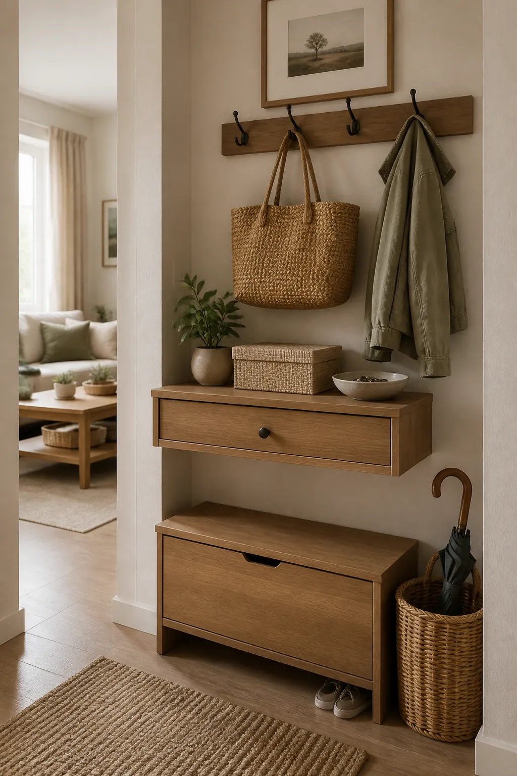Pretty storage drop zone with hooks, a lidded box, and concealed shoe storage