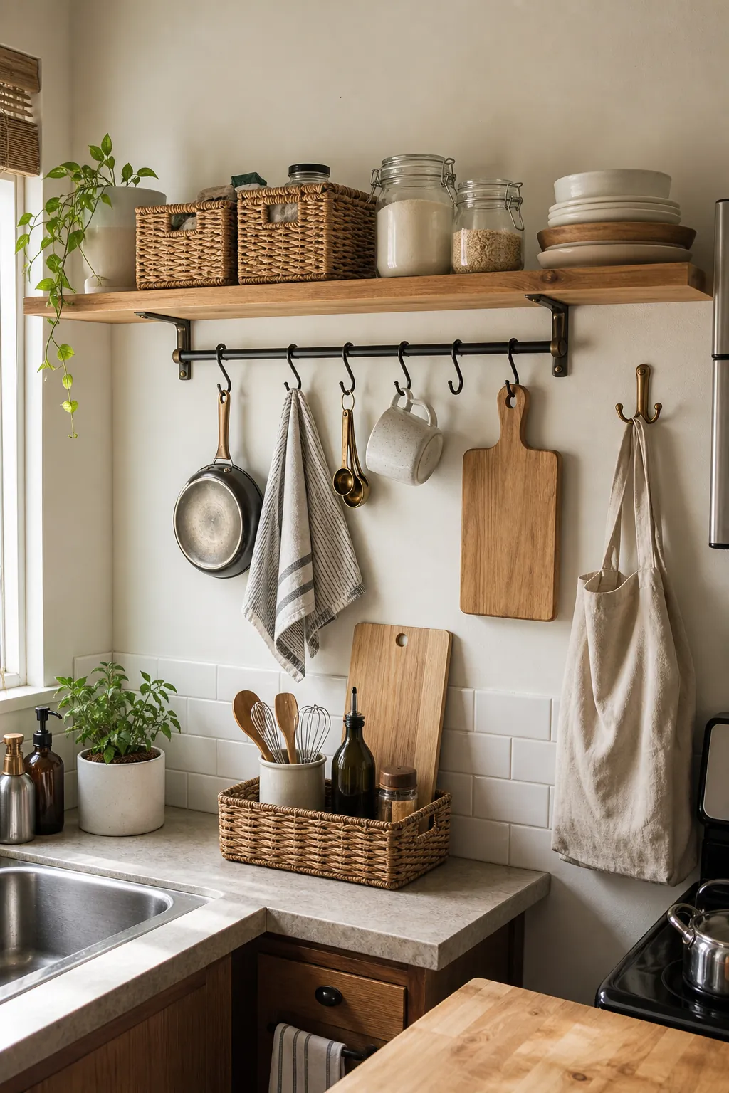 Compact kitchen wall with hooks, rail storage, baskets, and a narrow shelf