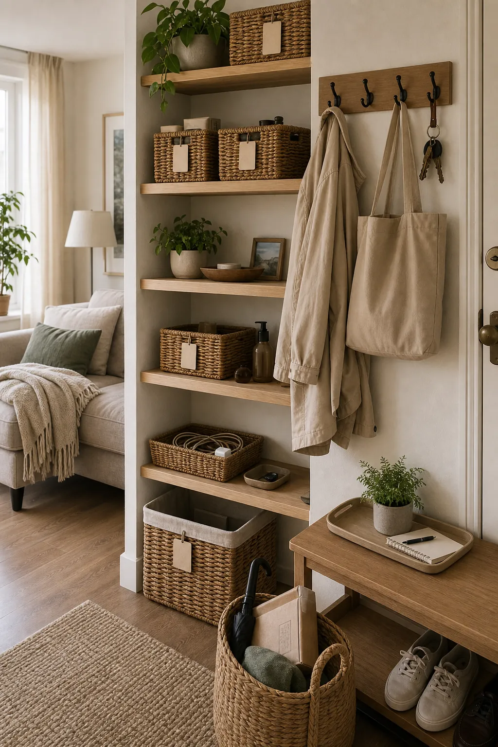 Small apartment storage reset with labeled baskets, hooks, shelves, and tidy surfaces