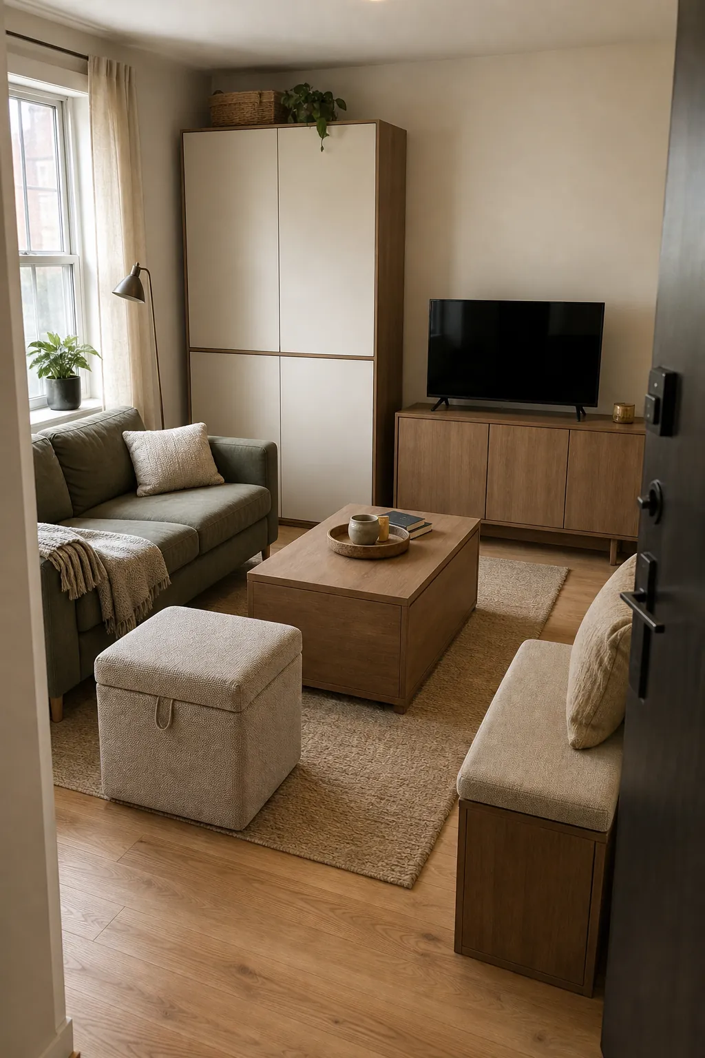 Hidden storage ideas in a calm small living room with closed cabinets and storage furniture
