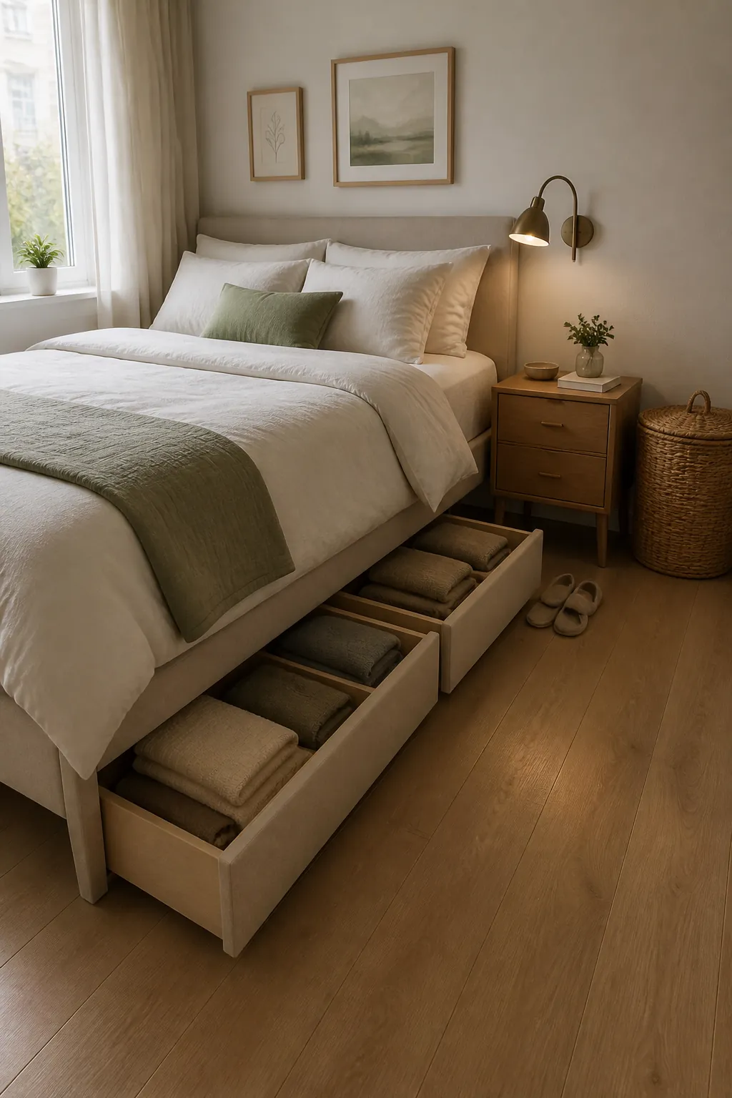 Calm bedroom with matching under bed storage drawers for hidden bedroom storage