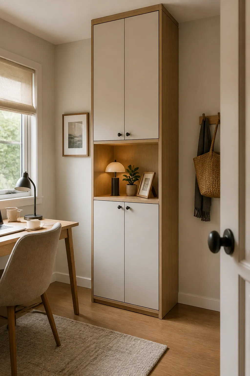 Tall vertical storage cabinet in a small apartment with hidden storage and calm styling