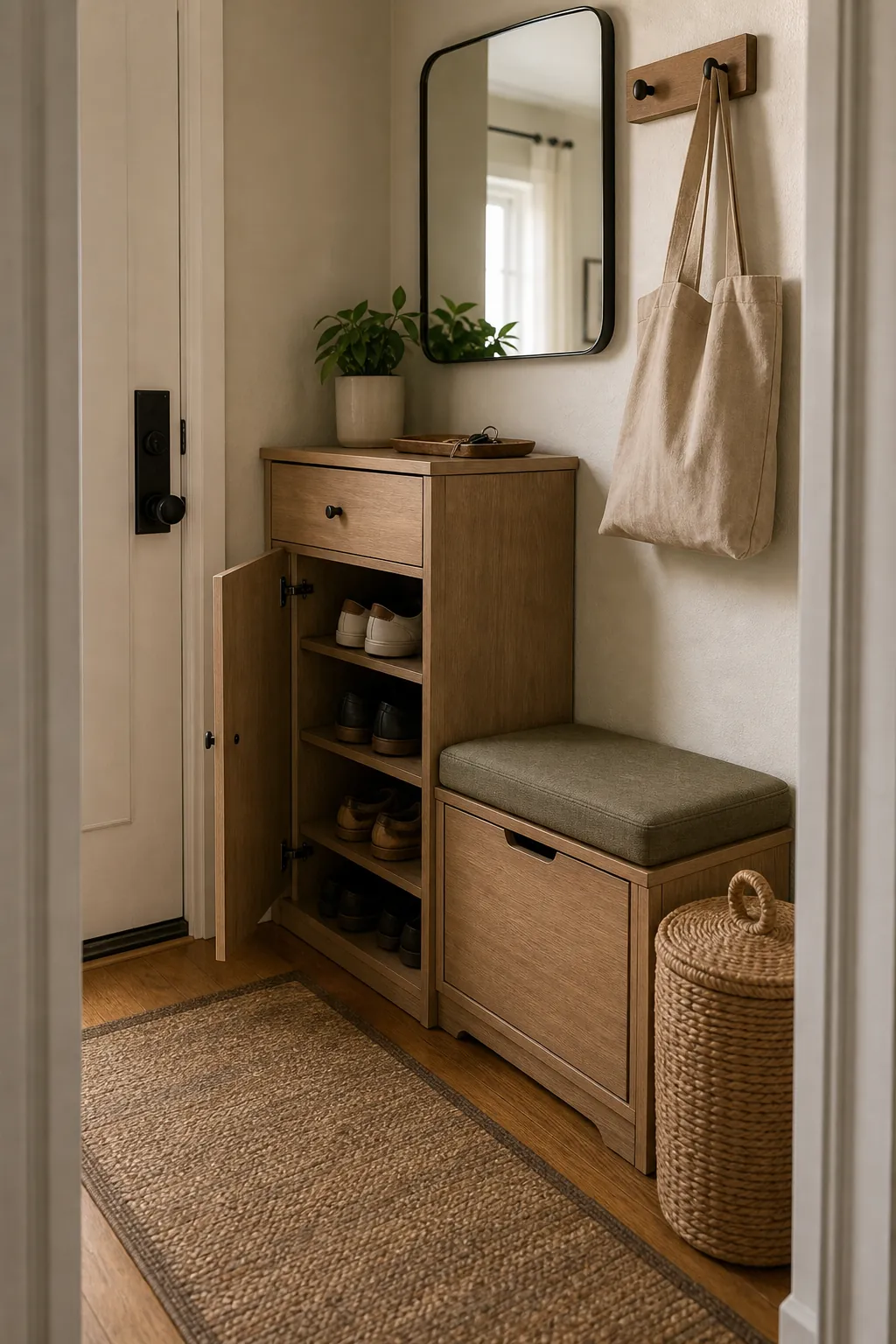 Small entryway cabinet with hidden storage for shoes bags keys and daily clutter