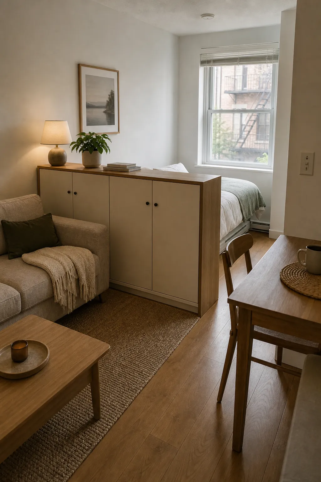 Low storage divider defining a studio living area while hiding apartment storage