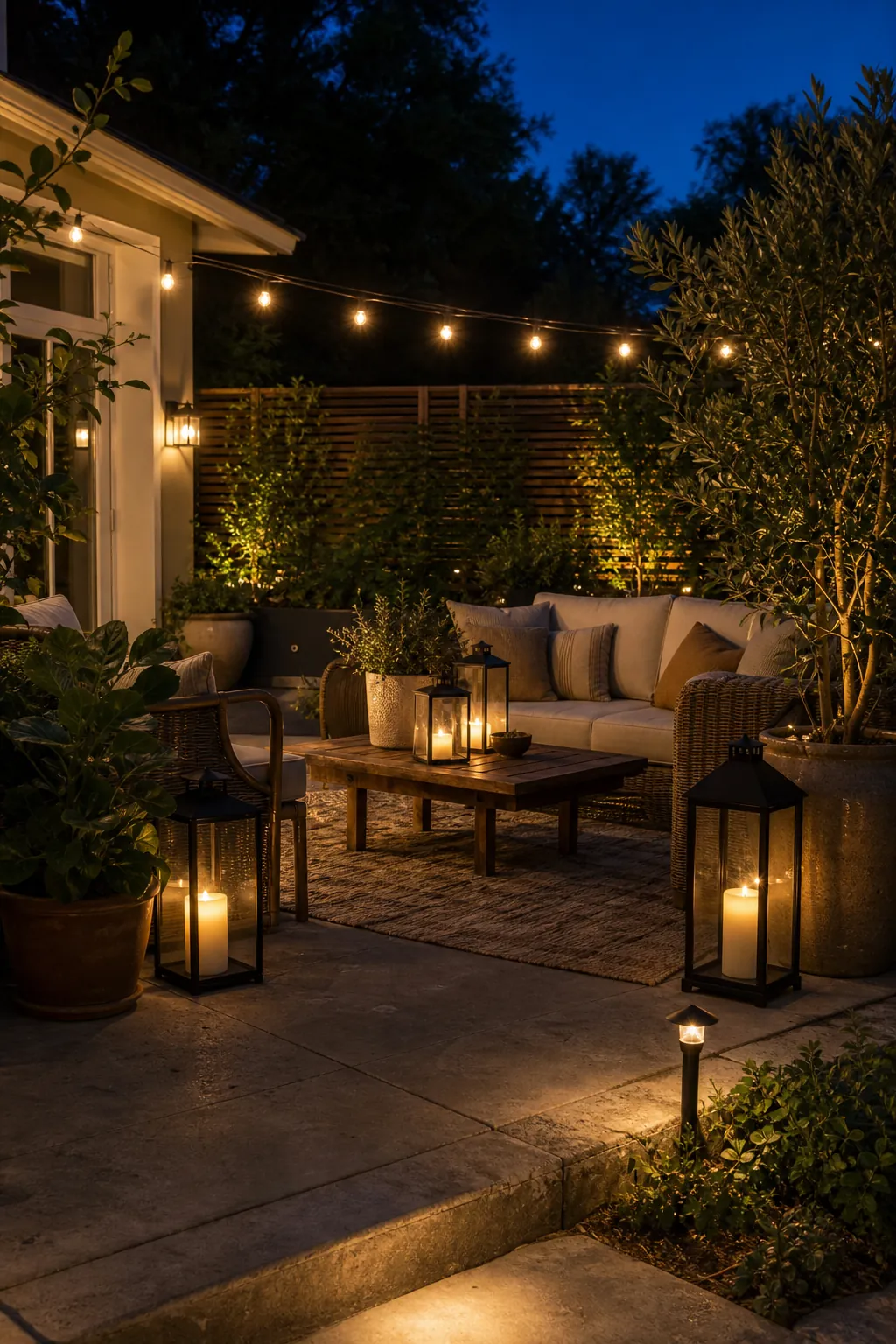 Layered patio lighting with warm outdoor lanterns, table lights, pathway glow, and potted greenery