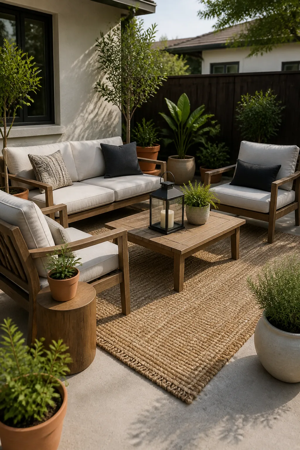 Clean patio seating area with an outdoor rug, lanterns, potted plants, and layered natural textures