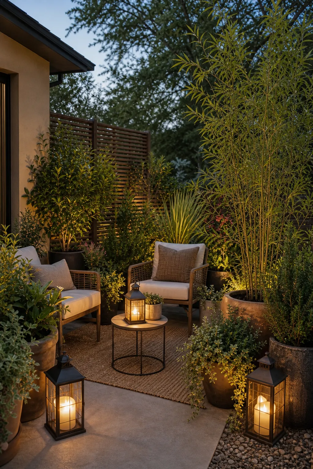 Patio plant cove with tall containers, bamboo-style greenery, grasses, lanterns, and relaxed privacy