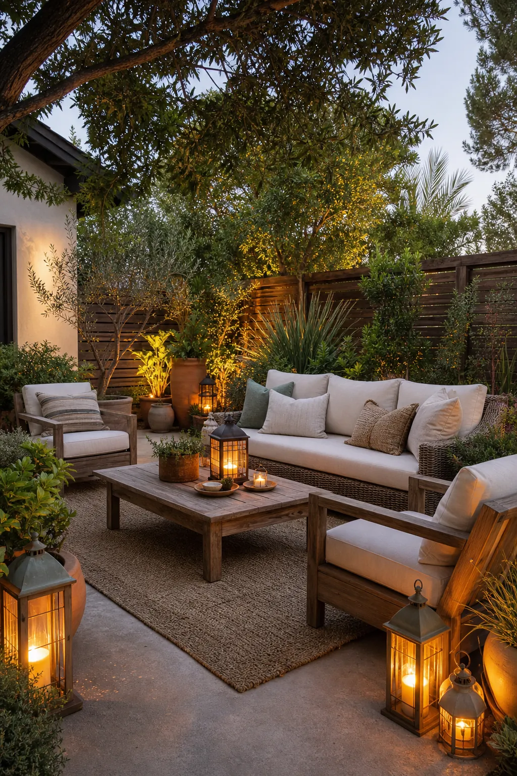 Styled backyard patio with outdoor lanterns, lush plants, natural textures, and warm evening lighting