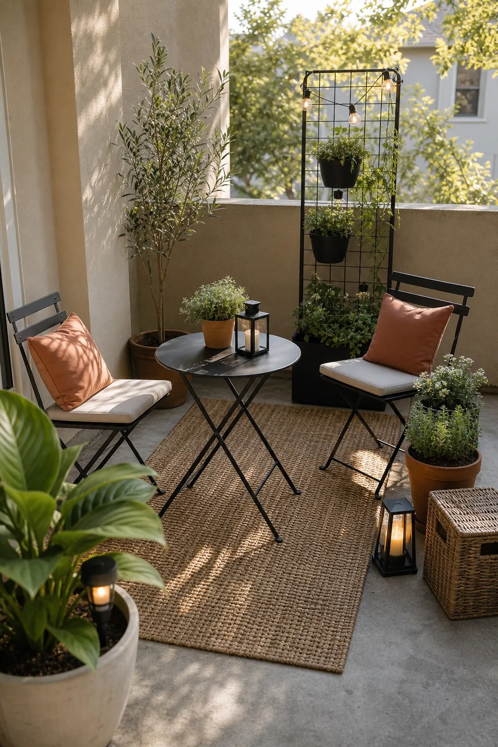 Budget rental patio decor with a removable rug, portable lanterns, potted plants, and simple outdoor seating