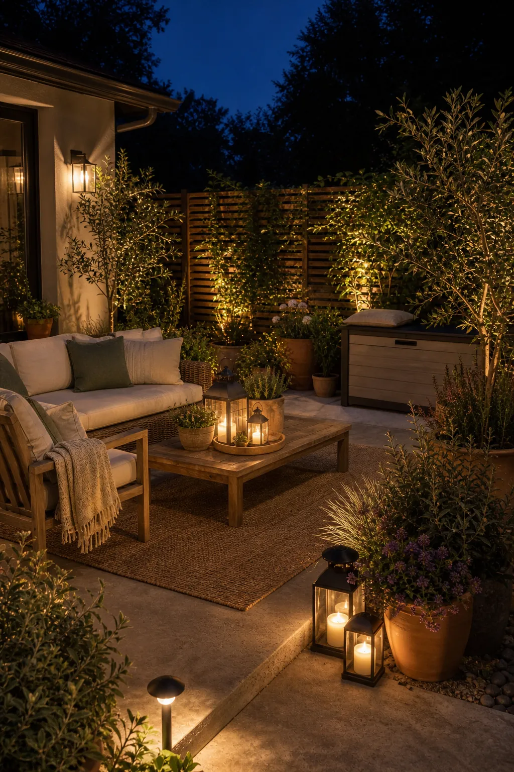 Comfortable evening patio with warm lantern clusters, outdoor textiles, plants, and weather-ready storage