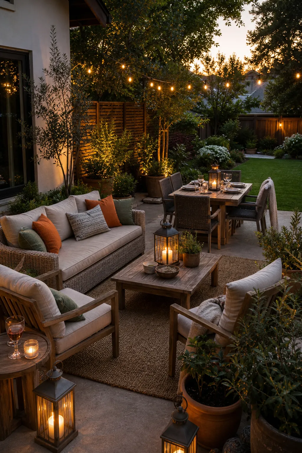 Family backyard patio seating with comfortable chairs, dining table, outdoor lanterns, plants, and a warm inviting layout