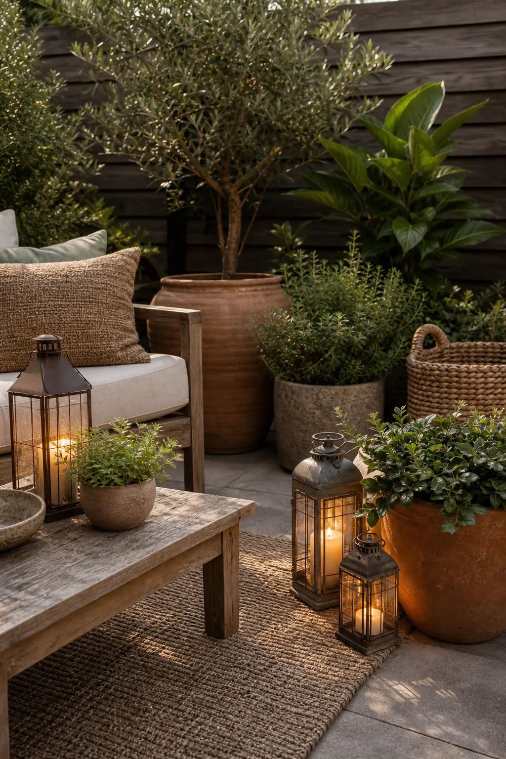 Outdoor patio texture mix with woven rug, terracotta planters, wood furniture, linen cushions, and warm lantern light