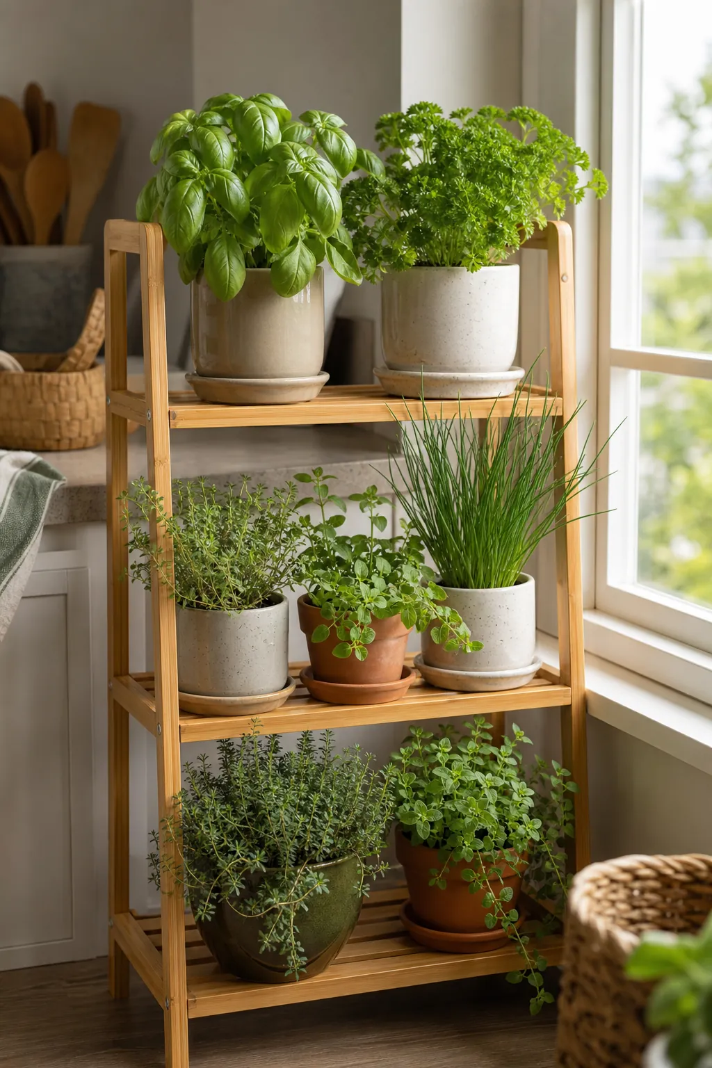 Tiered bamboo shelf holding indoor herb pots near a sunny kitchen window