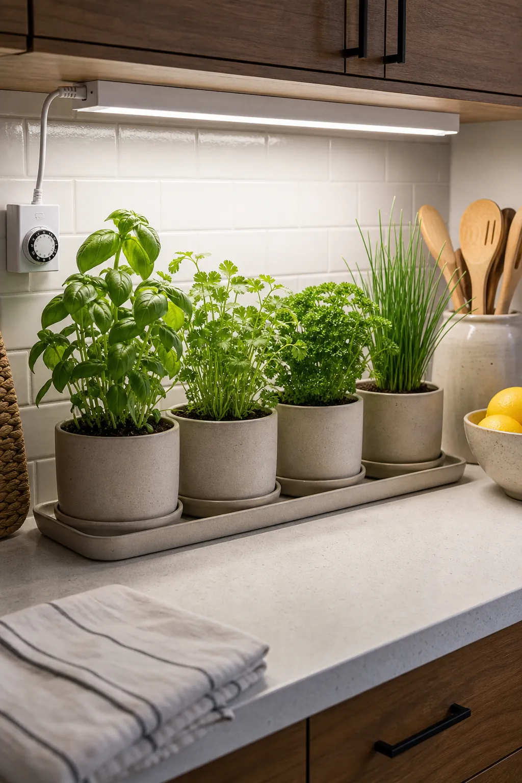 Indoor herbs growing under a slim under-cabinet grow light in a kitchen