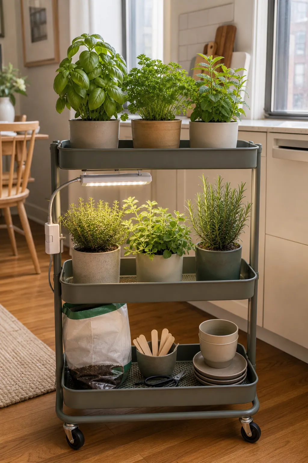 Rolling apartment herb garden cart with pots, trays, and grow lights