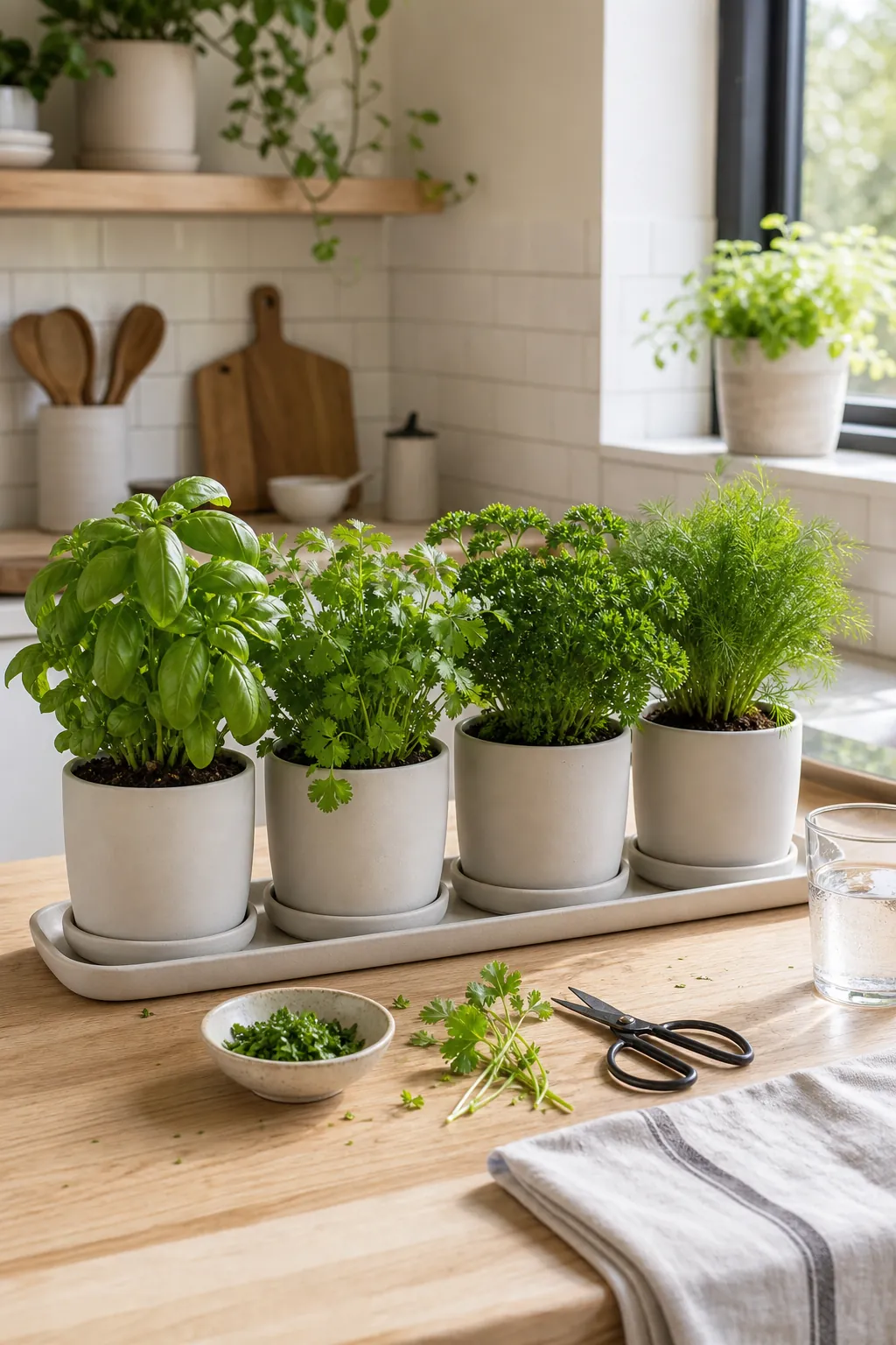 Basil, cilantro, parsley, and dill in moisture-loving indoor herb planters