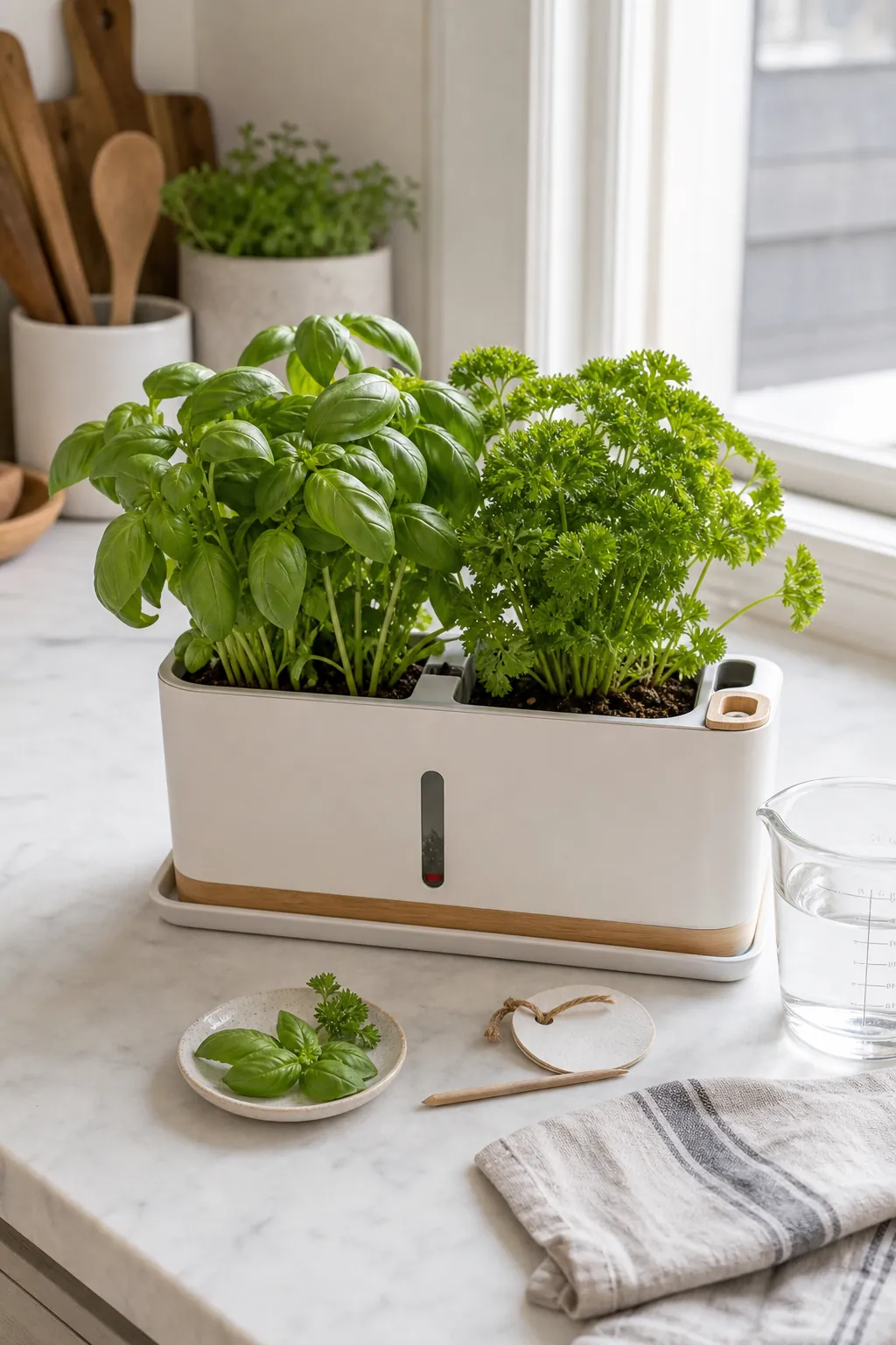 Self-watering indoor herb planter with basil and parsley on a kitchen counter