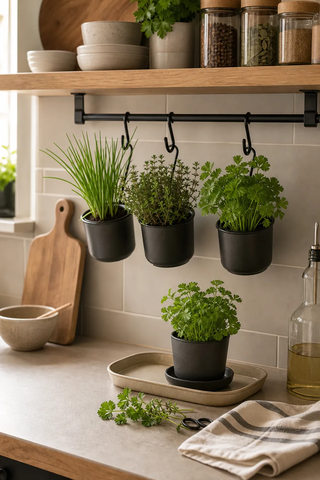 Small hanging rail with potted herbs above a kitchen counter
