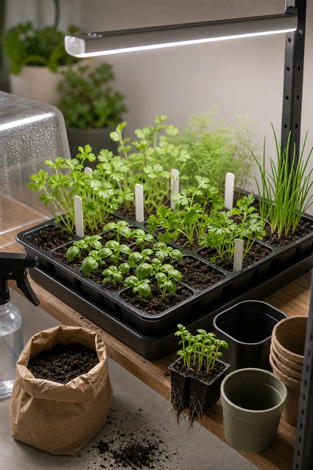 Indoor herb seed-starting tray under a grow light with young seedlings
