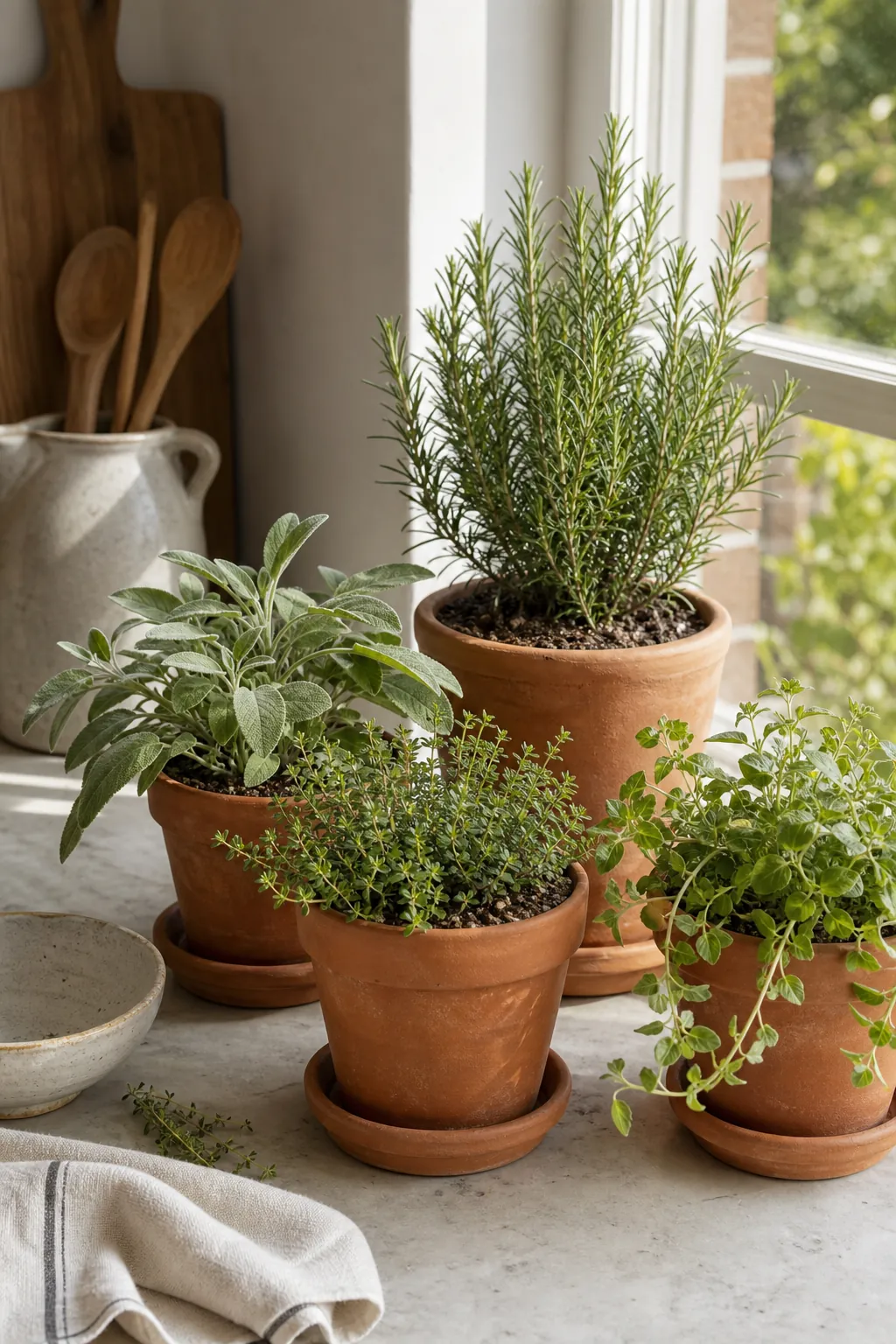 Rosemary, thyme, oregano, and sage in terra cotta pots for an indoor herb garden