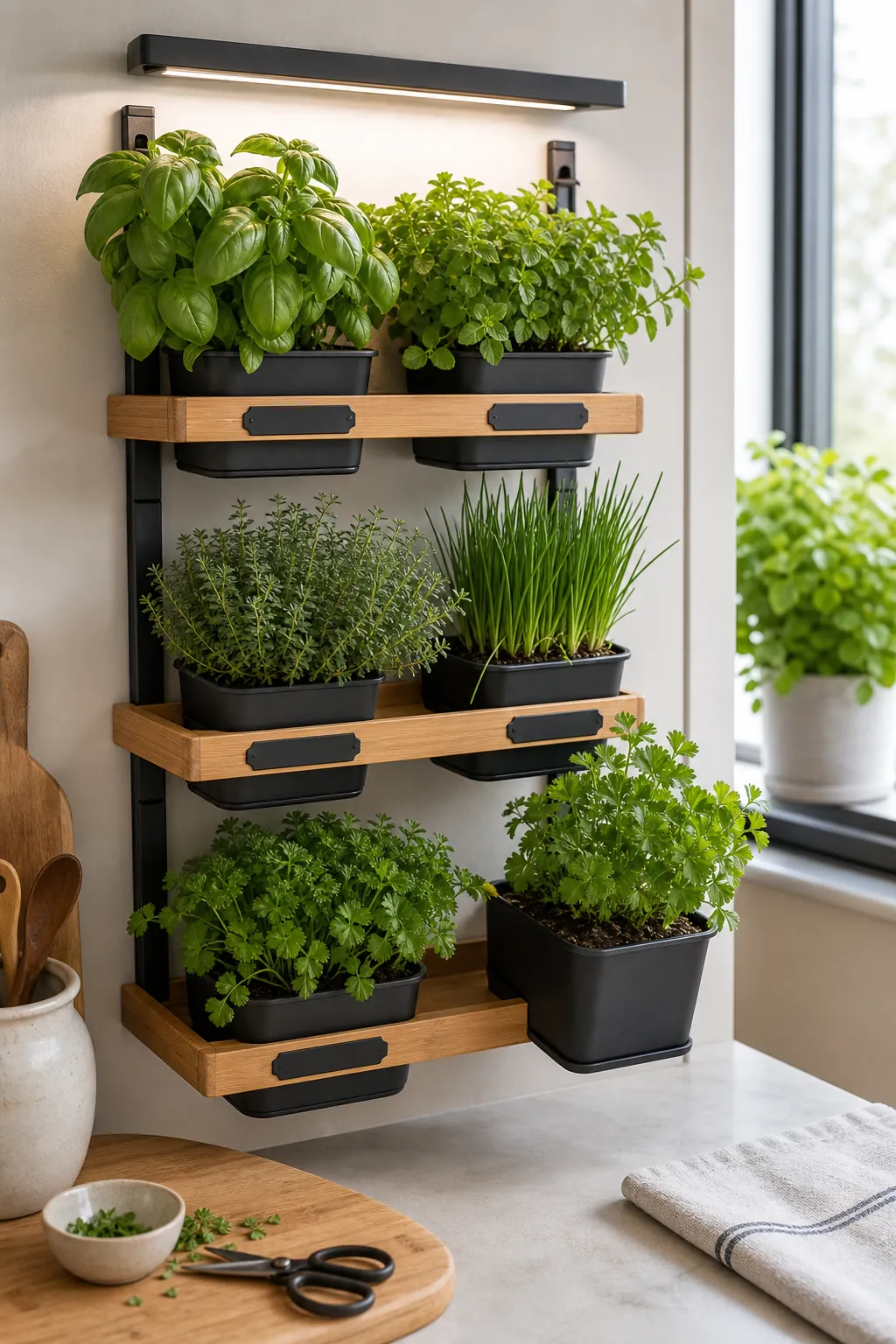 Vertical indoor herb wall with small pots mounted near a kitchen window