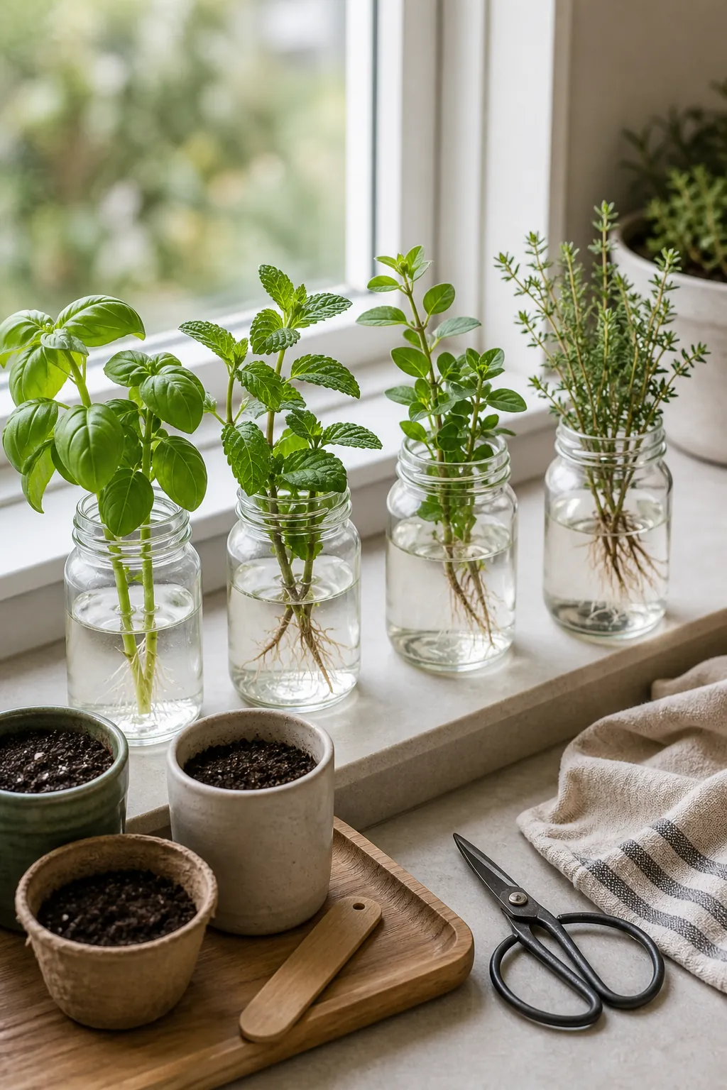 Herb cuttings rooting in small glass jars on a bright windowsill