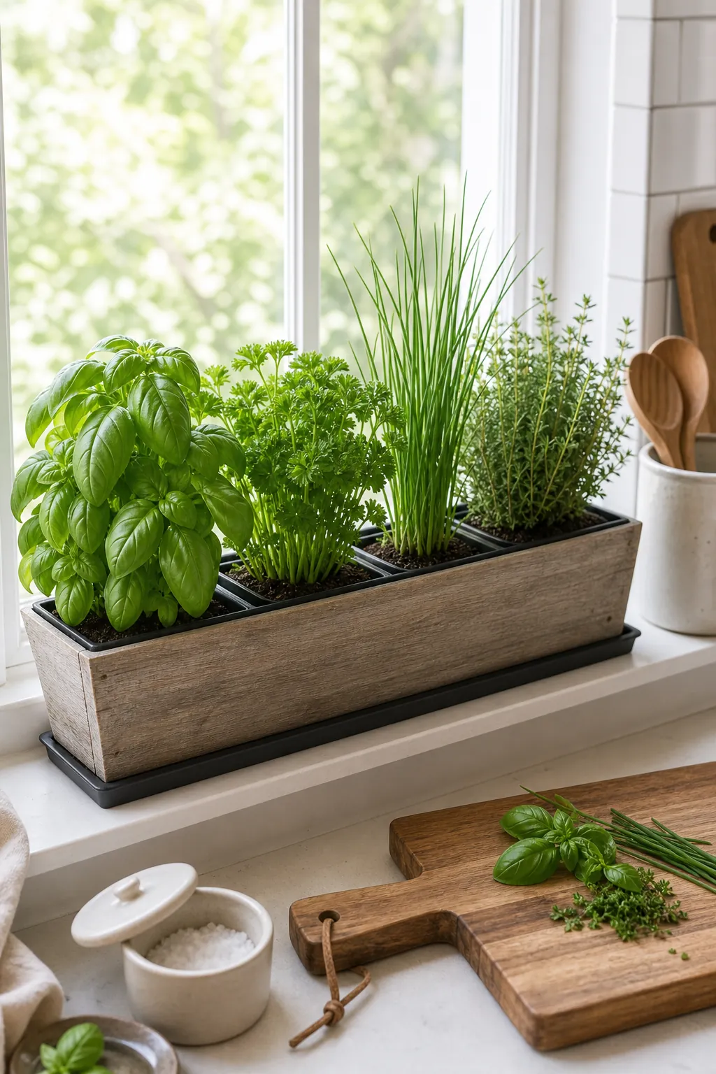 Indoor windowbox herb planter with separate herb sections and drainage tray