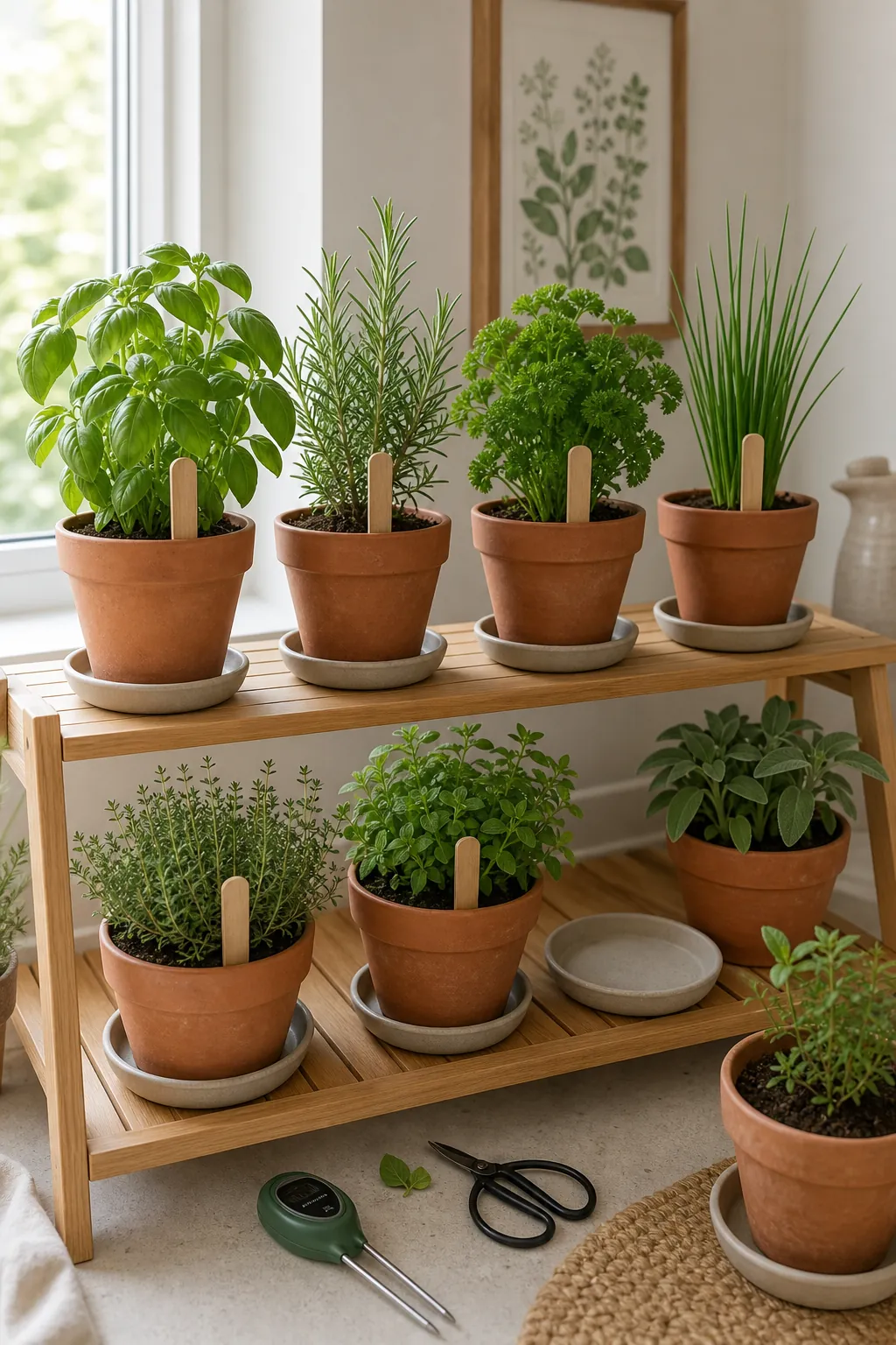 Well-designed indoor herb shelf with matching trays and plant labels
