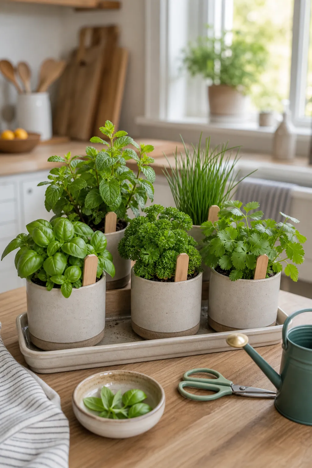 Labeled indoor herb garden with child-friendly plant markers and safe tools
