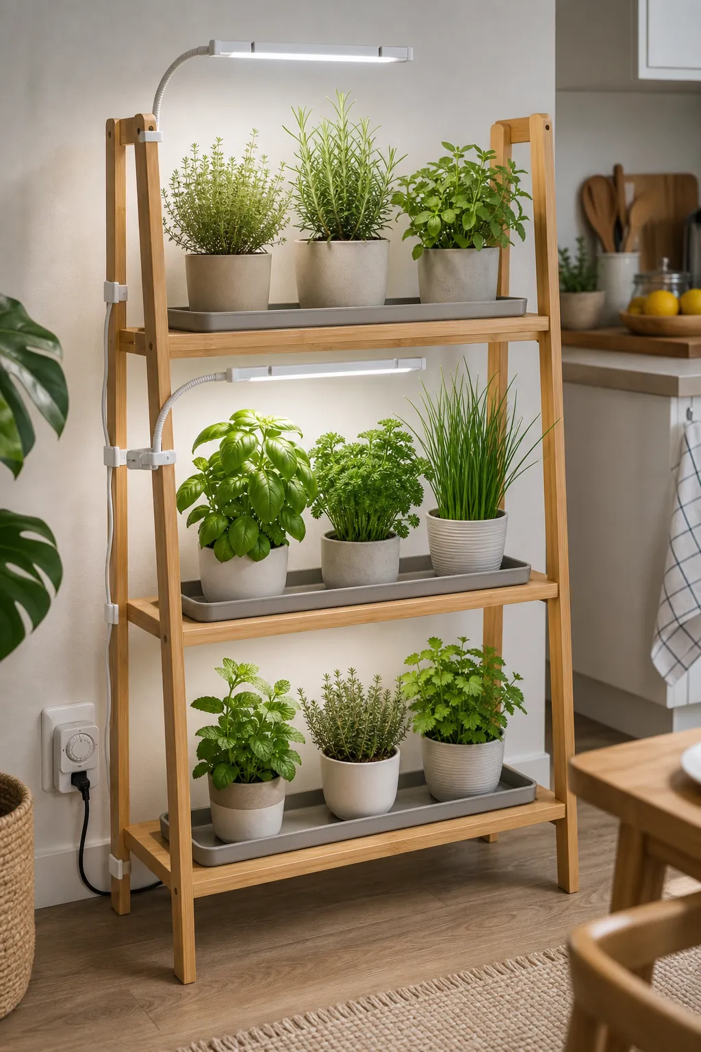Rental-friendly indoor herb shelf with clamp grow lights and no wall damage