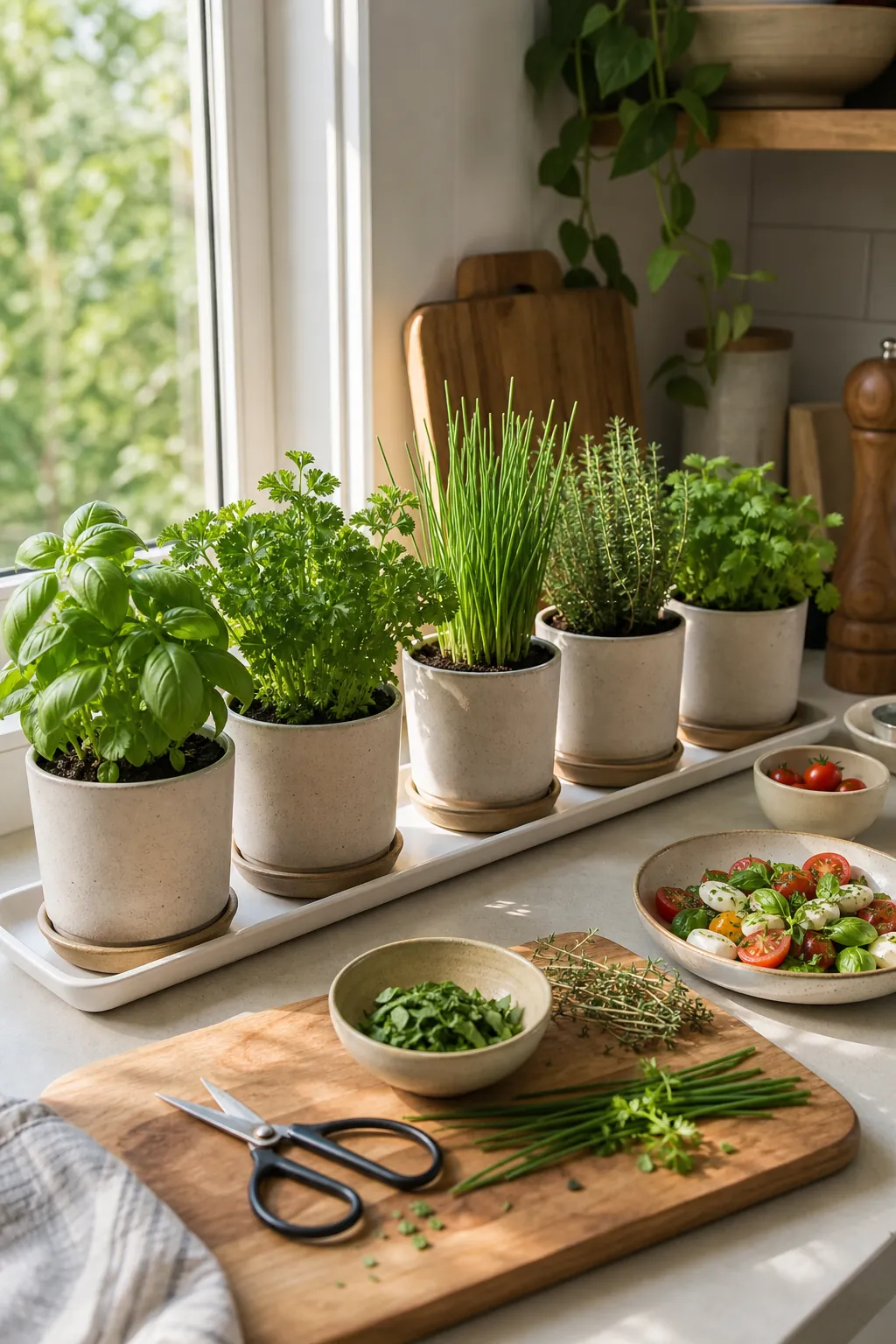 Harvest-ready countertop indoor herbs beside a cutting board and fresh food
