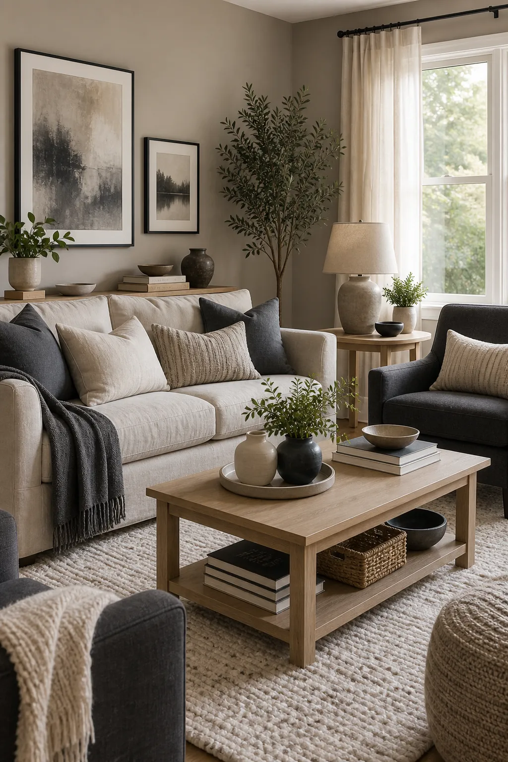 Greige and charcoal living room with linen sofa and soft neutral rug
