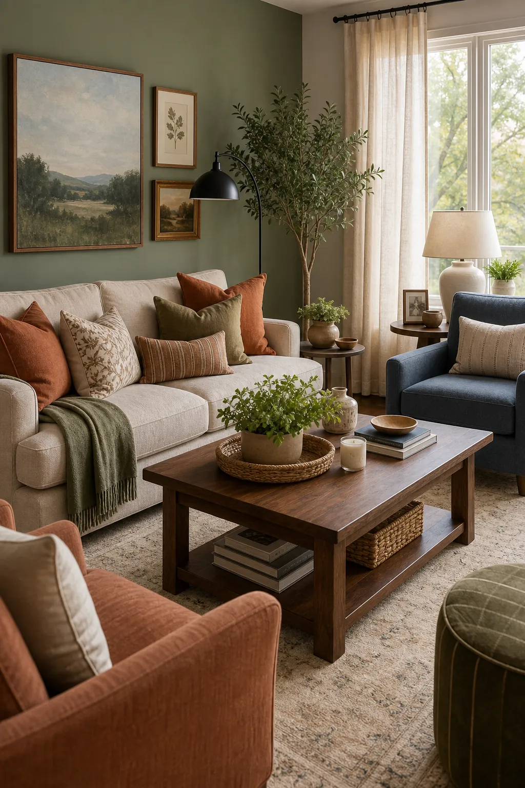 Warm living room with layered color schemes in green, terracotta, cream, walnut, and muted blue