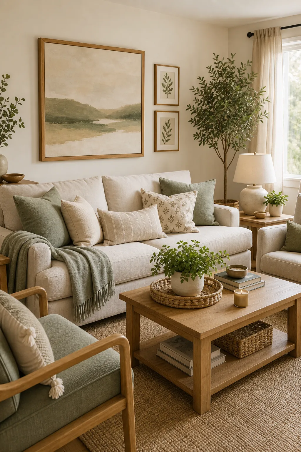 Warm white living room with oak furniture and sage green pillows