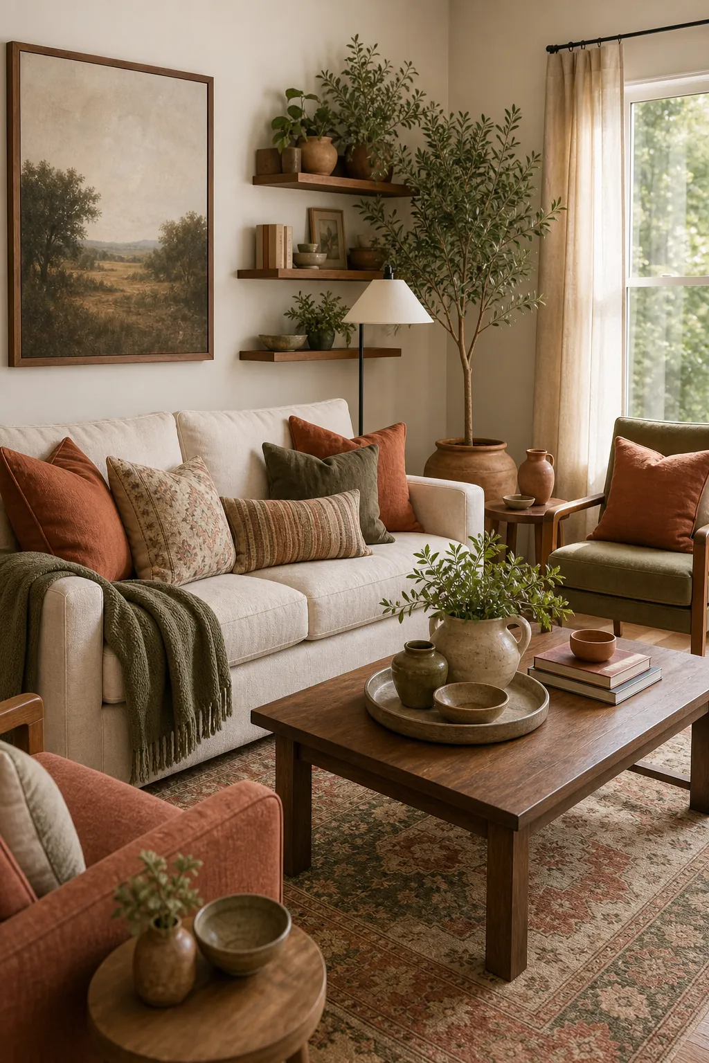 Cream living room with terracotta accents and olive green decor