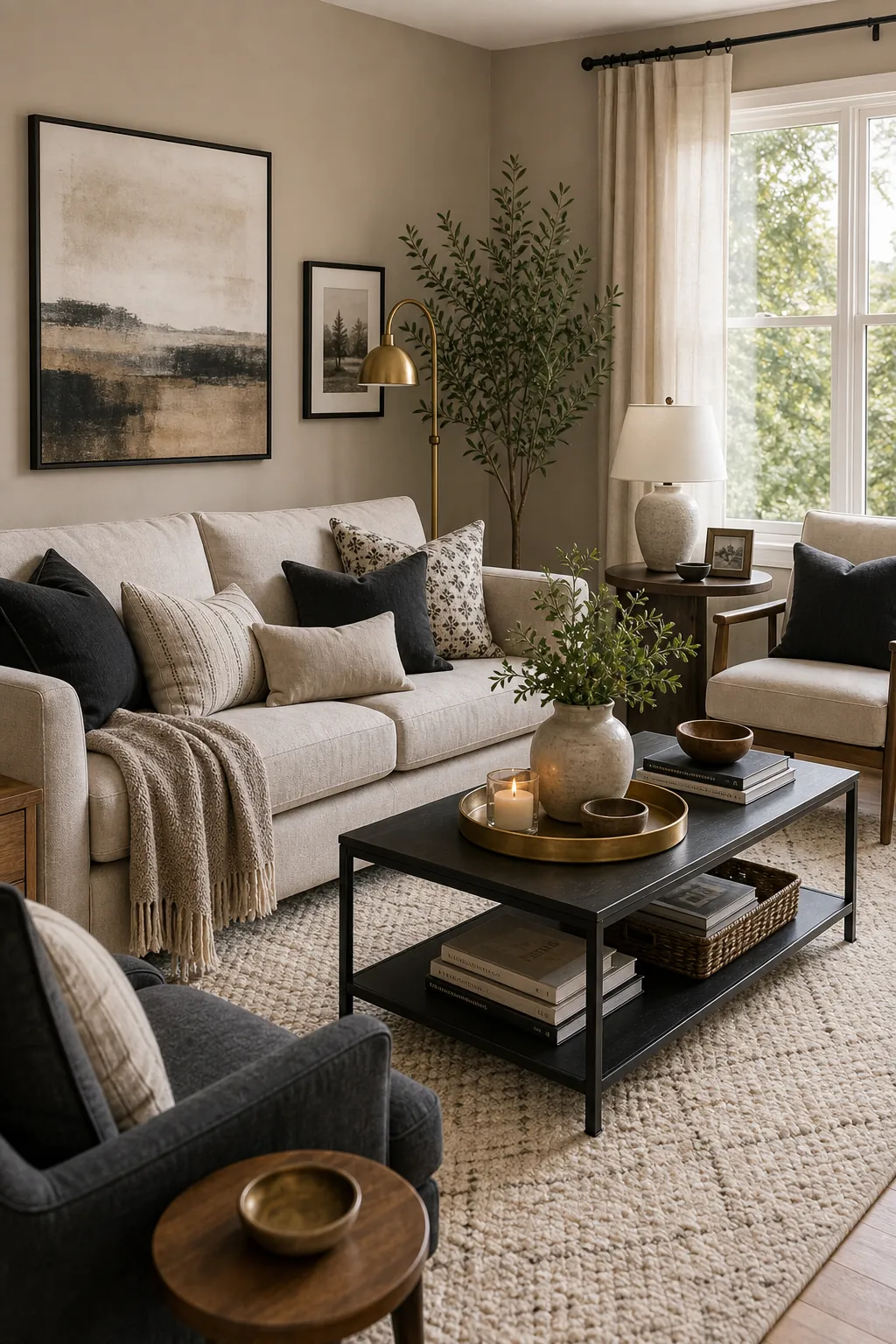 Soft taupe living room with black accents and brass lamp
