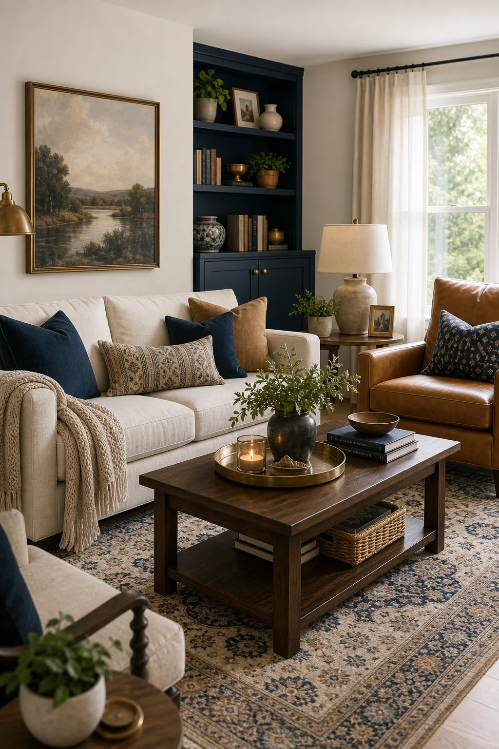 Navy and camel living room with warm white walls
