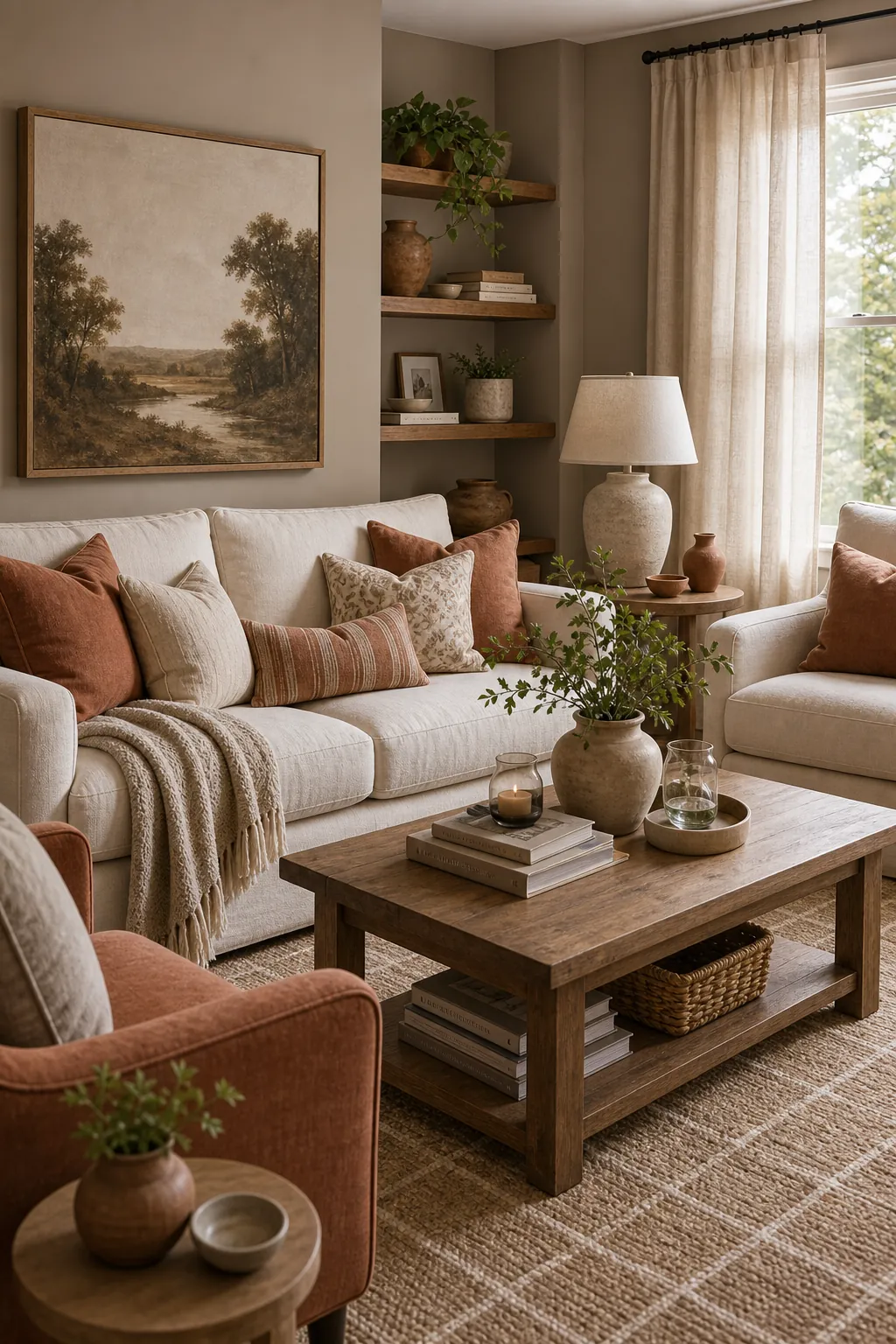 Mushroom neutral living room with clay pillows and ivory sofa