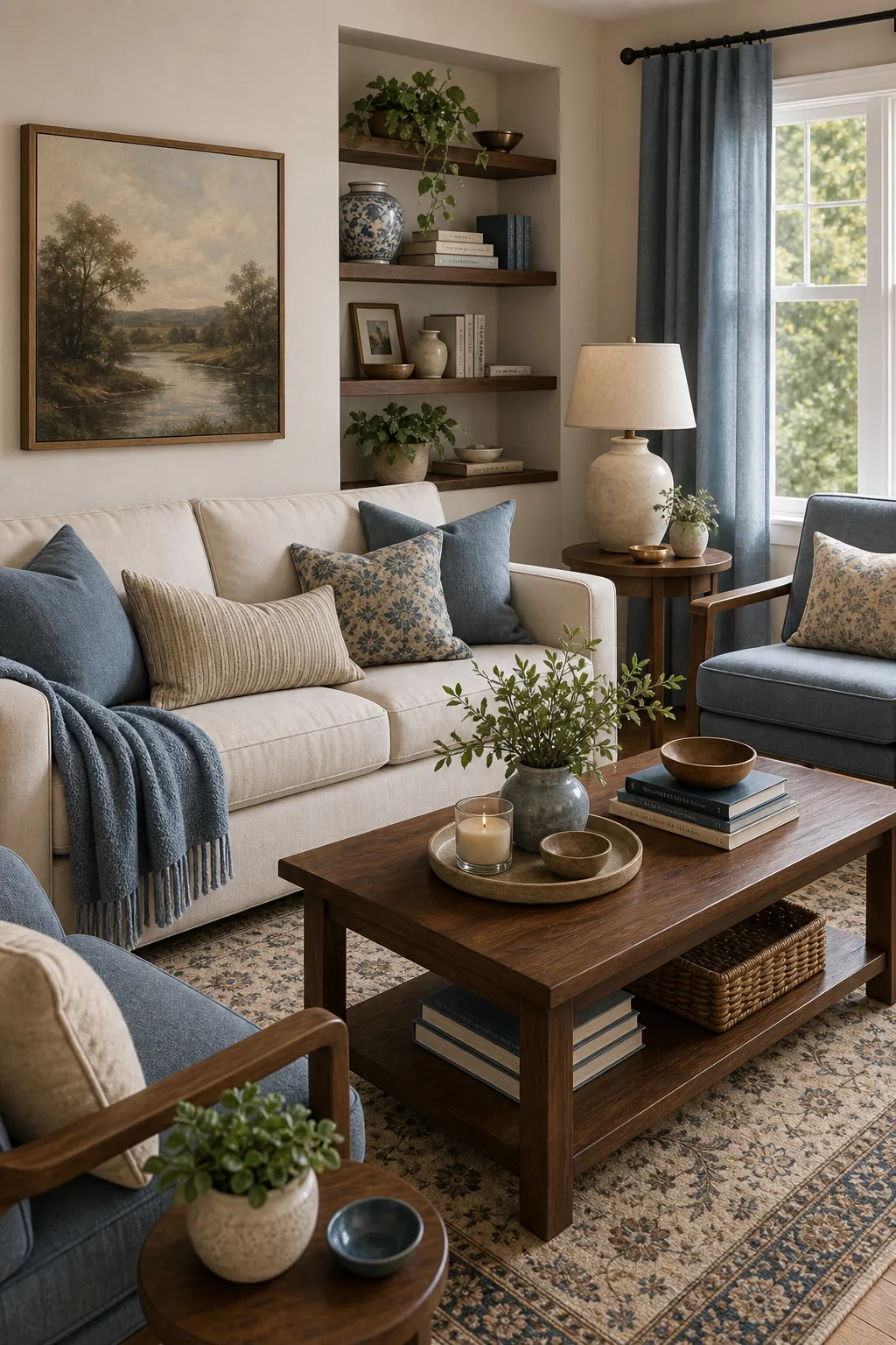 Dusty blue living room with walnut furniture and cream sofa