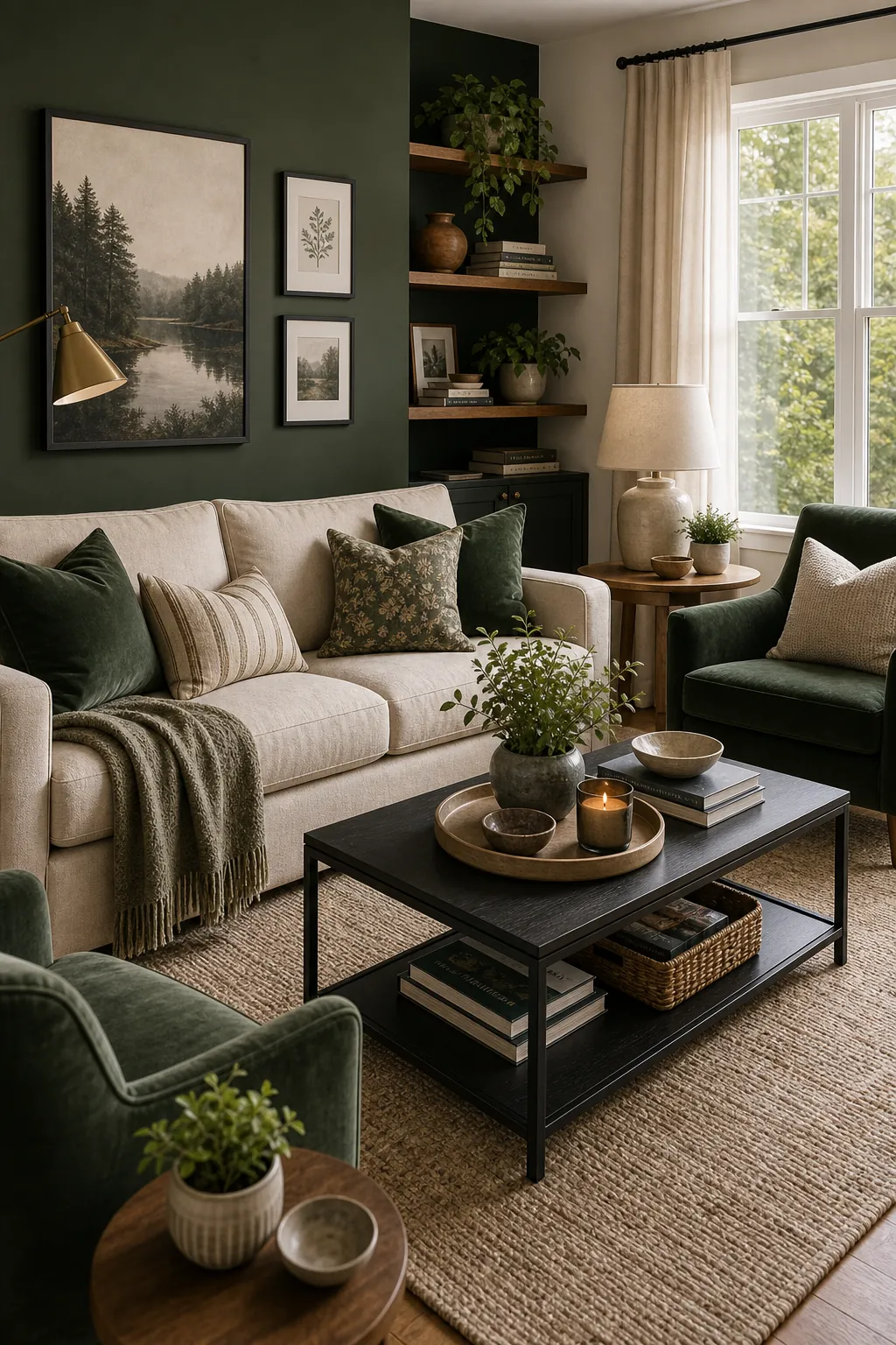 Forest green living room with oatmeal sofa and black metal accents