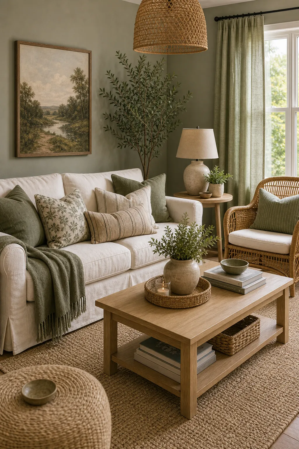 Sage and cream living room with rattan chair and woven accents