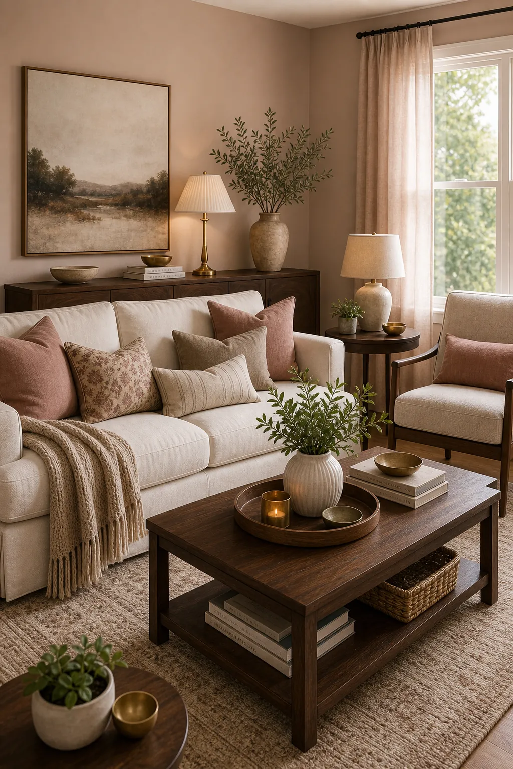 Blush beige living room with walnut table and ivory upholstery