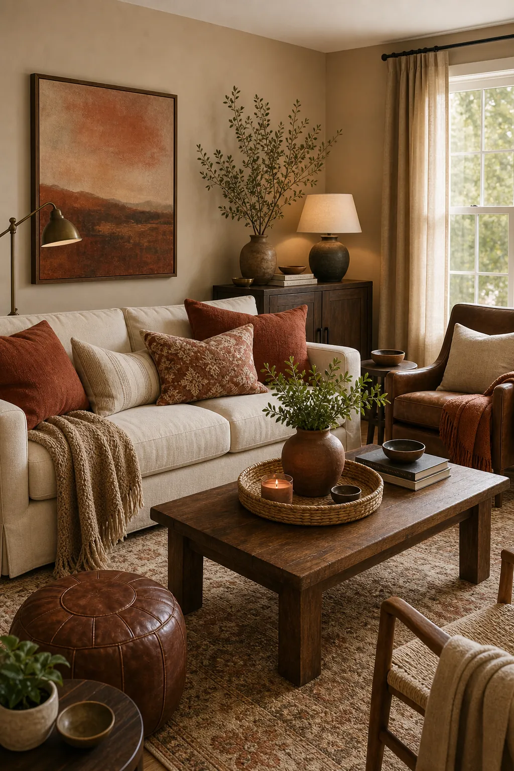 Rust and sand living room with deep brown wood furniture