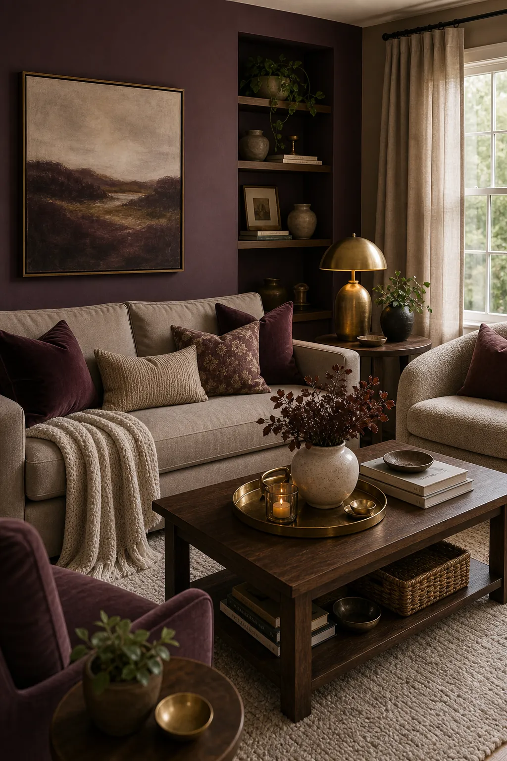 Moody plum living room with taupe sofa and brass accents