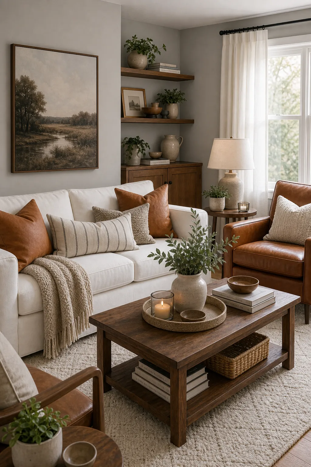 Light gray living room with cognac leather chair and white accents