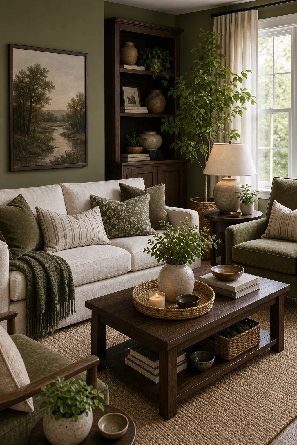 Olive green living room with chocolate brown furniture and linen sofa