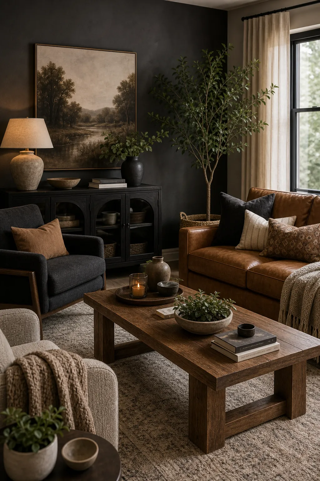 Charcoal living room with camel sofa and stone colored rug